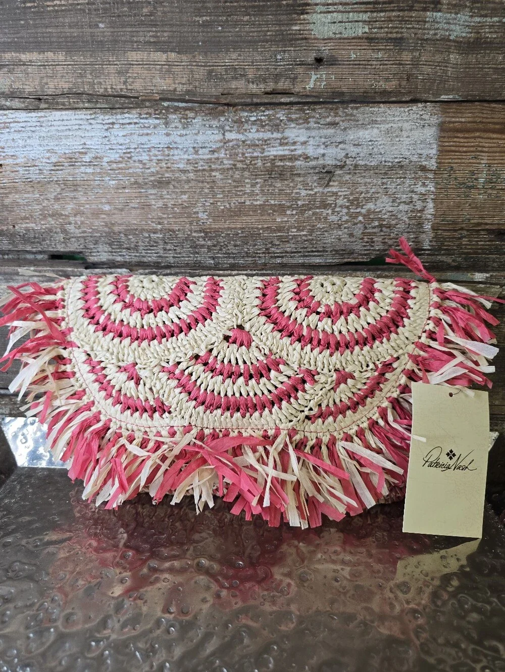 Patricia Nash Pink & Natural Raffia Fringe Clutch With Crossbody Strap, NWT